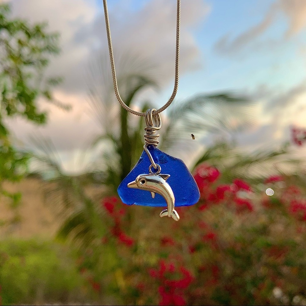 Cobalt blue sea glass dolphin necklace